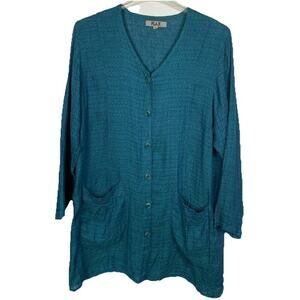 Flax 100% Linen Tunic Top Womens Size Large Teal Textured Boho Beachy Lagenlook
